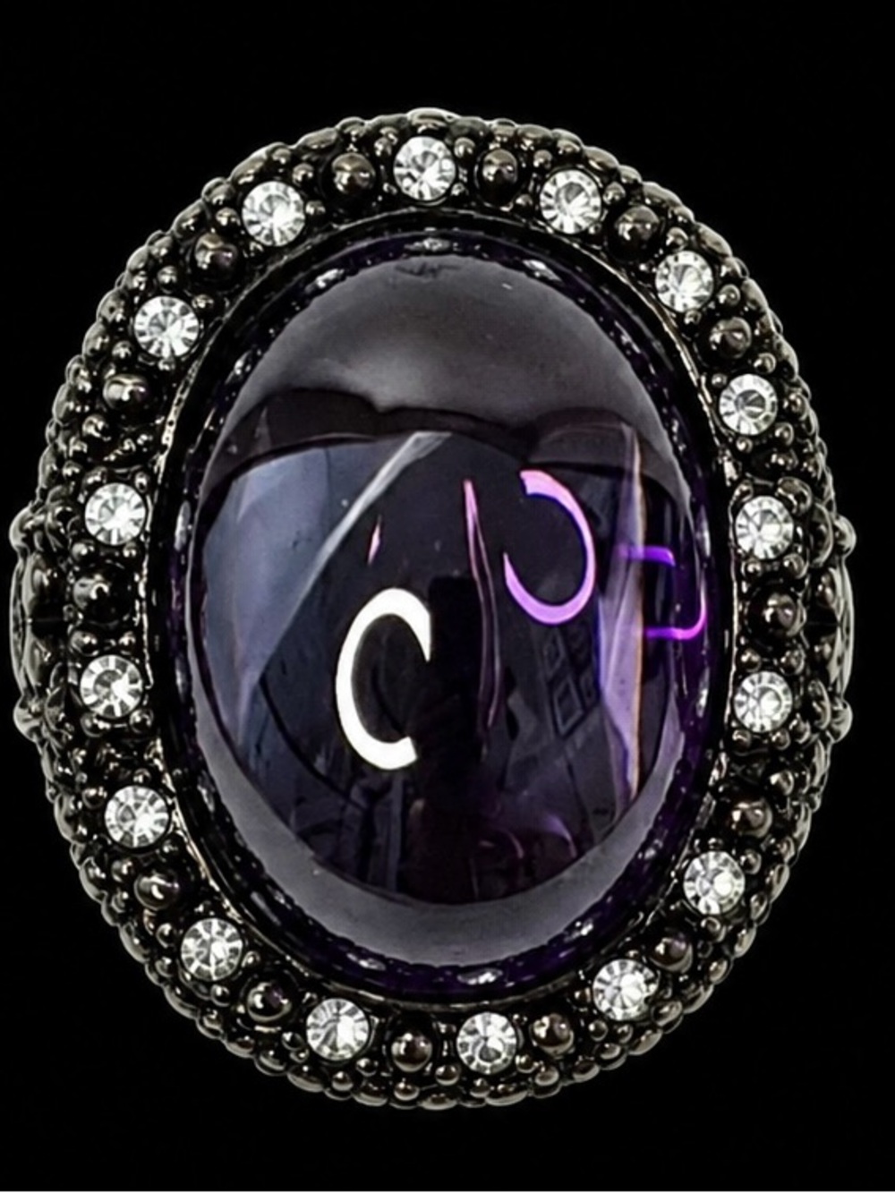 Vintage Purple Cabochon Cocktail Ring with Rhinestone Halo Statement Ring size 6